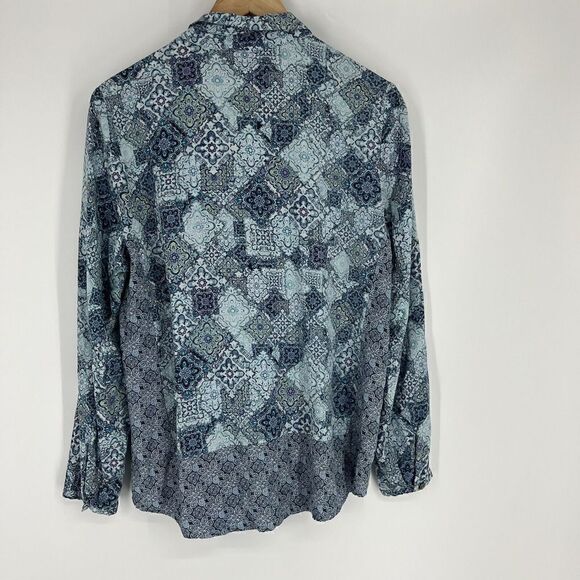 J Jill Top Size Medium Womens Blue Batik Print Blouse Popover Border Trim Rayon - Picture 4 of 7